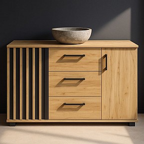 Komoda černá/dub artisan 140 cm se 3 zásuvkami a 2 dvířky