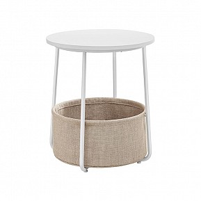 Kulatý odkládací stolek s látkovým košem, bílý, 45×51 cm