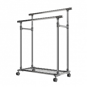 Kovový stojan na oblečení na kolečkách, 2 tyče + police