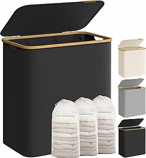 Koš na prádlo 150L se 3 přihrádkami, černý, bambusový rám