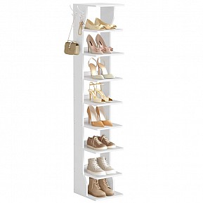 Bílý úzký botník s háčky, 9 polic, 26,5 x 30 x 147 cm