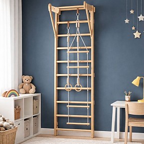 Dětské dřevěné žebřiny s hrazdou, kruhy, provazovým žebříkem