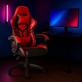 Ergonomická herní židle s polštáři na krk a záda, červená