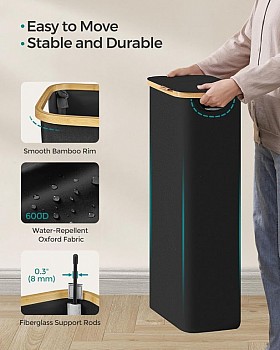 Úzký koš na prádlo 65 l, černý, bambusový okraj