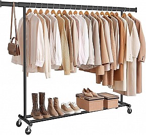 Kovový šatní stojan s kolečky, výsuvný, 200 x 162 cm, černý