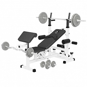 Gorilla Sports Posilovací lavice + litinový set činek, bílá